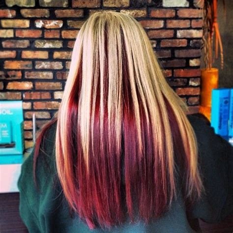 dark blonde hair with red highlights|blonde on top red underneath.